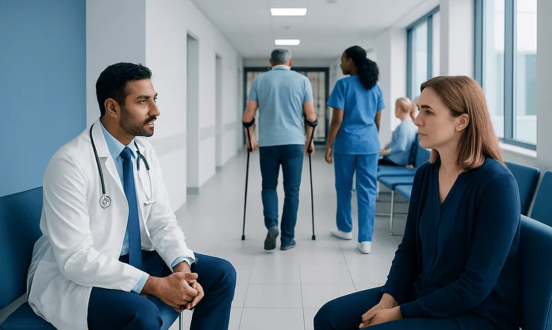 Doctor consulting with a patient in a hospital corridor.