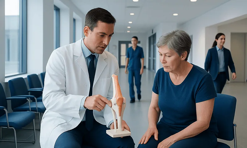 Orthopedic specialist explaining knee joint model to a patient in a hospital corridor.