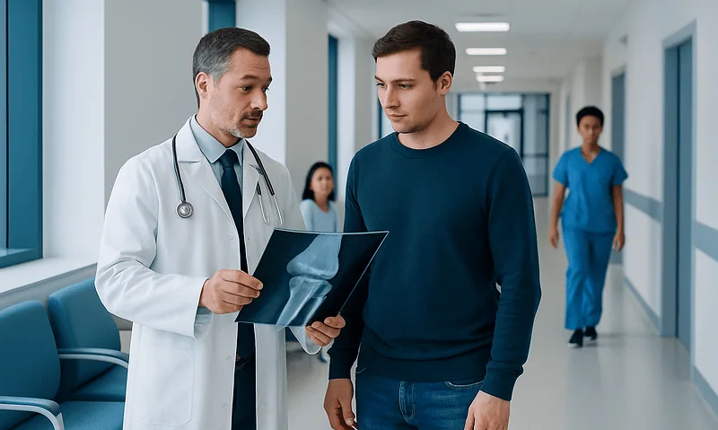 Doctor explaining X-ray results to a patient in hospital corridor.