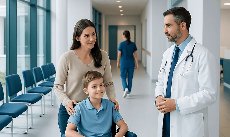 Doctor talking to a young boy in a wheelchair with mother in hospital corridor.