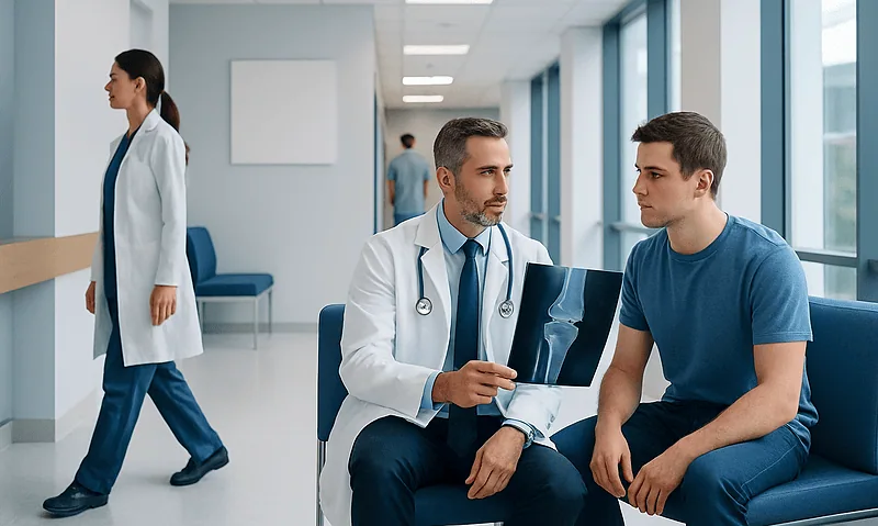 Doctor explaining X-ray to young male patient in hospital corridor.