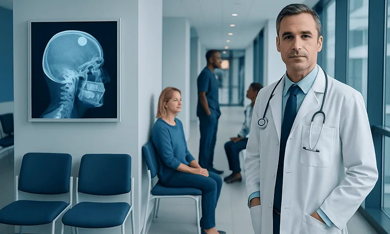 Doctor in hospital corridor with patients and X-ray image on wall.
