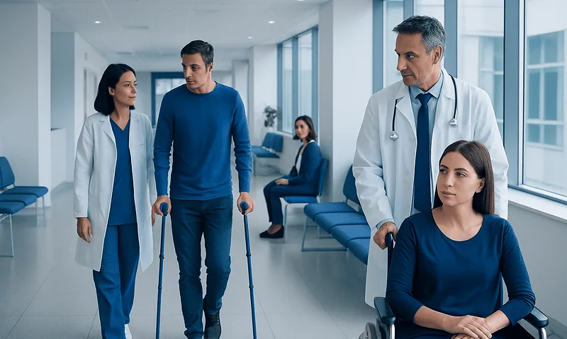 Medical team assisting a patient in a hospital corridor.
