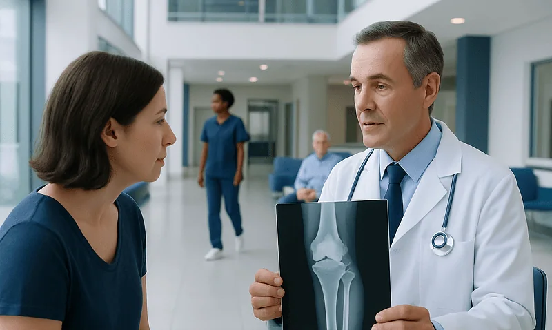 Doctor showing knee X-ray to patient in hospital corridor.