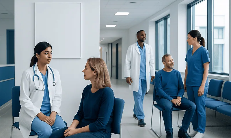 Medical consultation in a hospital waiting area with healthcare professionals and patients.