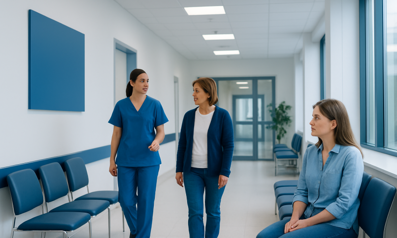 Healthcare professionals discussing patient care in hospital corridor.
