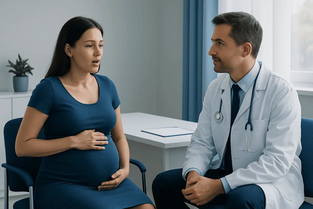 Pregnant woman consulting with a doctor in a clinical setting.