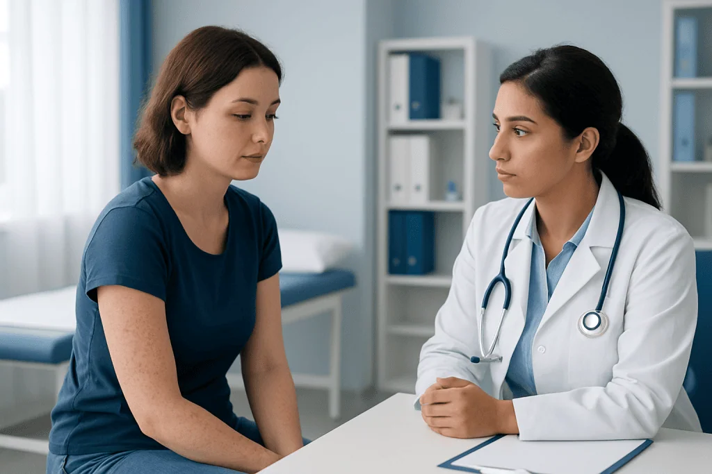 Doctor consulting with a patient about skin rash symptoms.