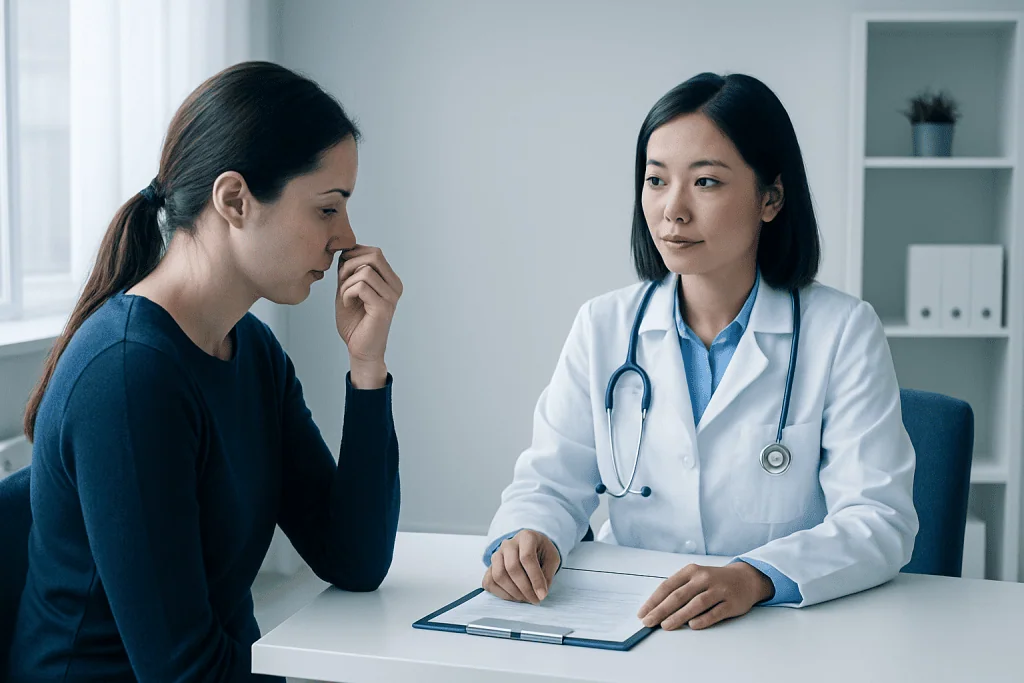 Doctor consulting with patient about nasal coldness symptoms.
