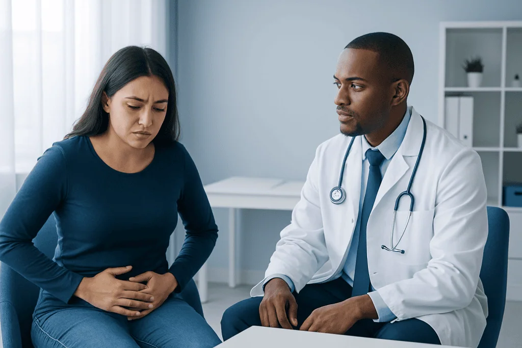 Doctor consulting with a woman experiencing abdominal discomfort.