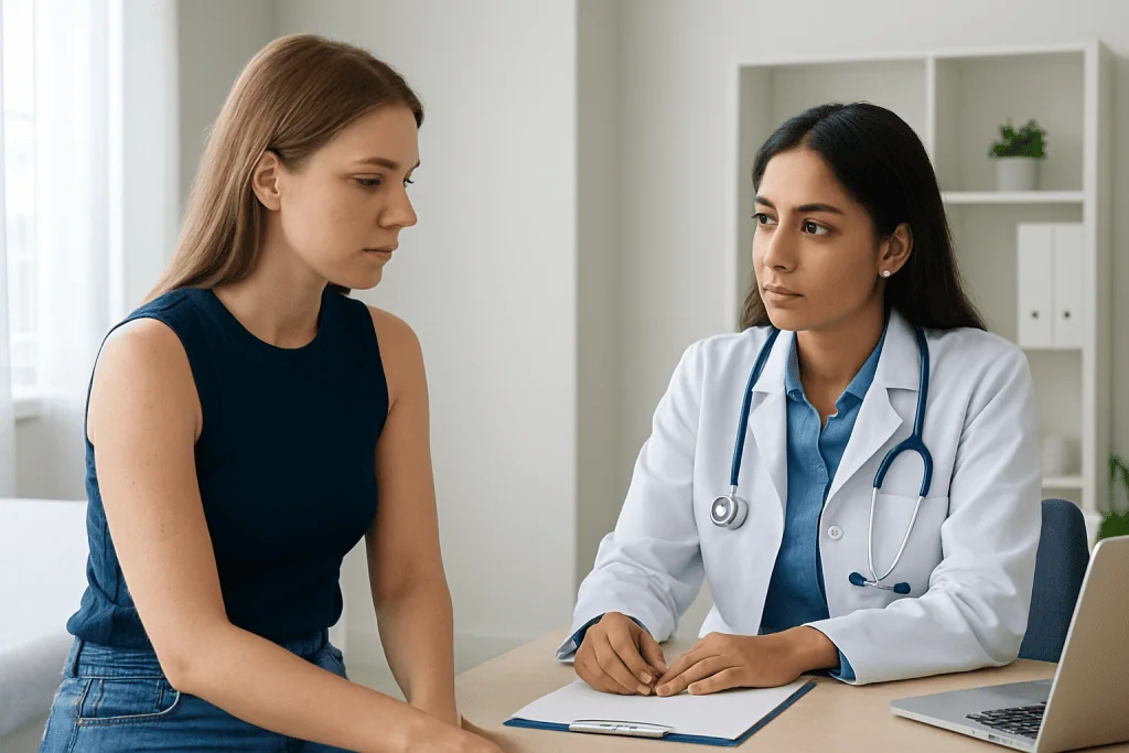 Doctor consulting with a patient about skin concerns on back of arms.