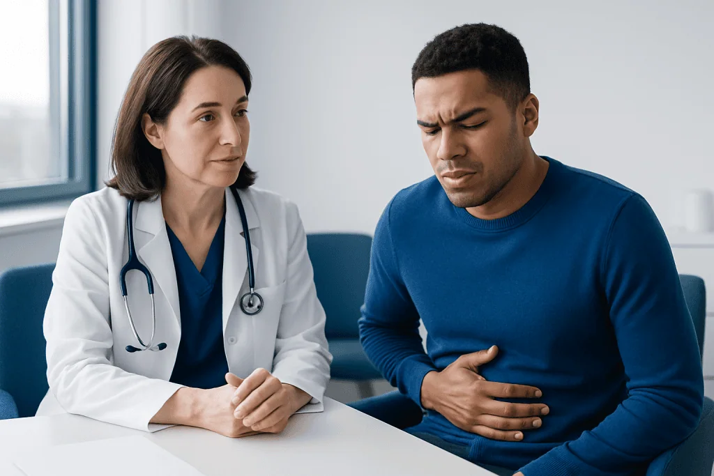 Doctor consulting with a patient experiencing stomach pain in a clinic setting.