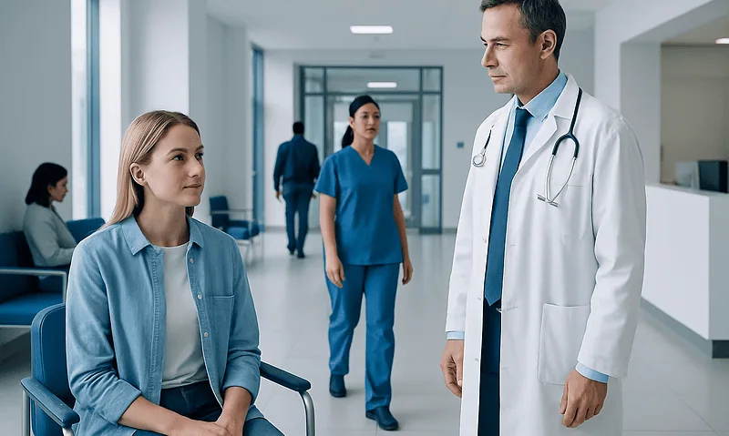 Doctor talking to a young female patient in a hospital corridor.