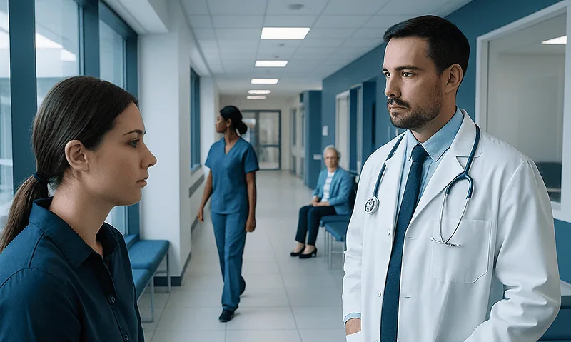 Doctor consulting a patient in a hospital corridor.