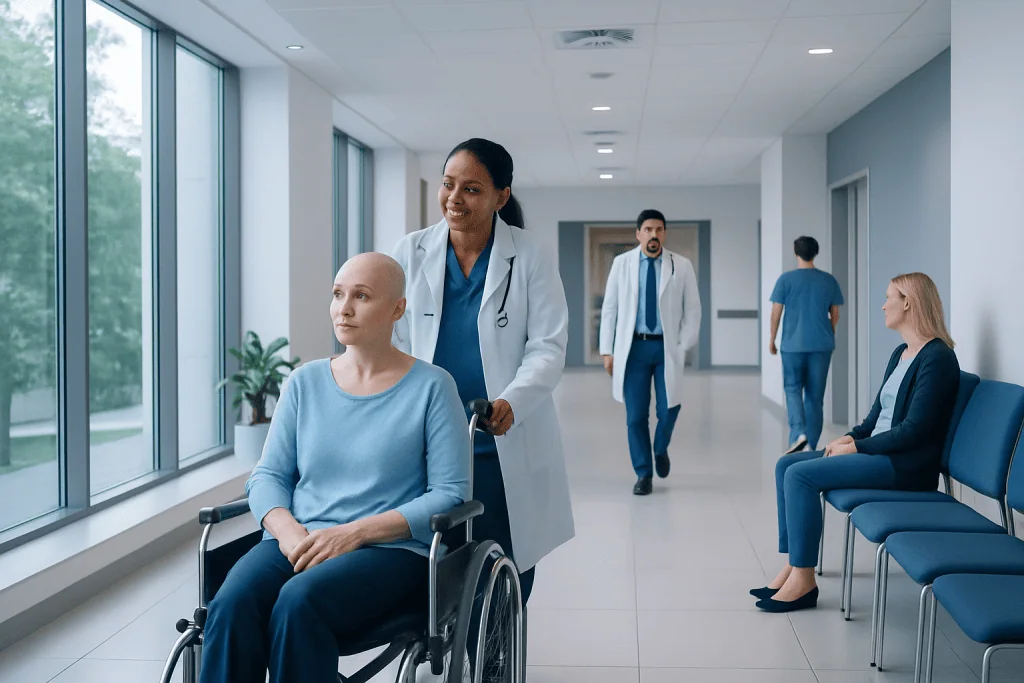 Ovarian Cancer Chemo: How It Works, Results and What to Expect 1 Patient in wheelchair with doctor in hospital corridor.