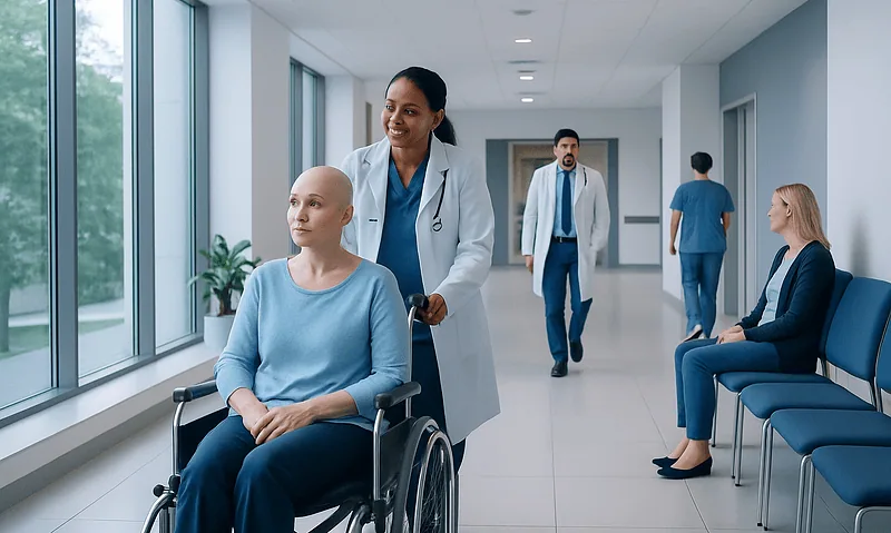 Patient in wheelchair with doctor in hospital corridor.