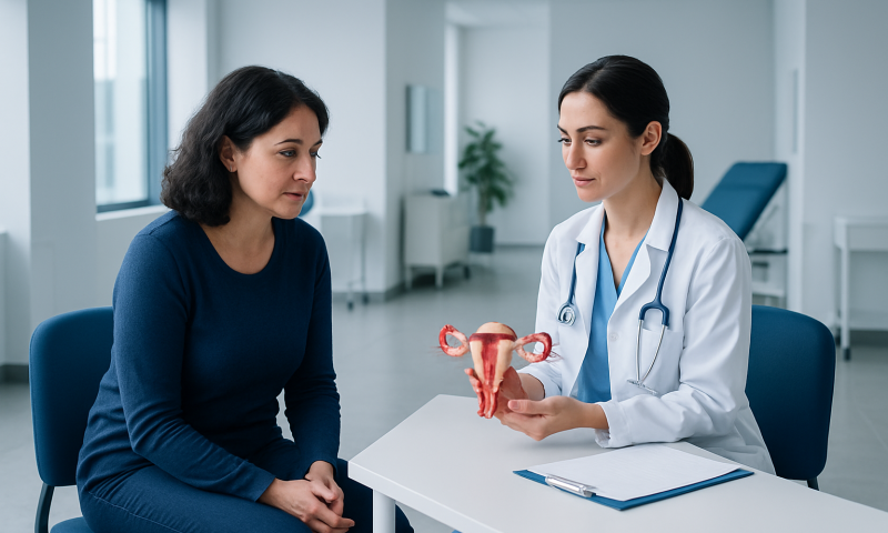 Doctor explaining ovarian health to a patient in a clinical setting.