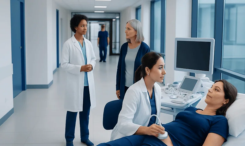 Medical team discussing ovarian ultrasound results in hospital corridor.