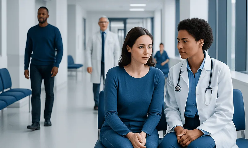 Doctor consulting with a patient in a hospital corridor.