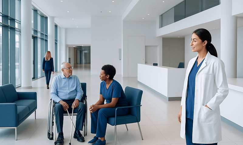 Medical consultation in a modern hospital lobby with healthcare professionals and patients.