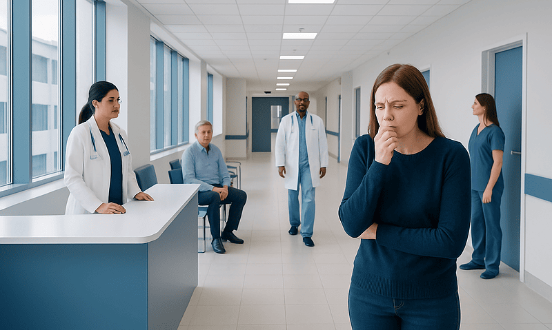Patient experiencing gagging in hospital corridor with medical staff nearby.