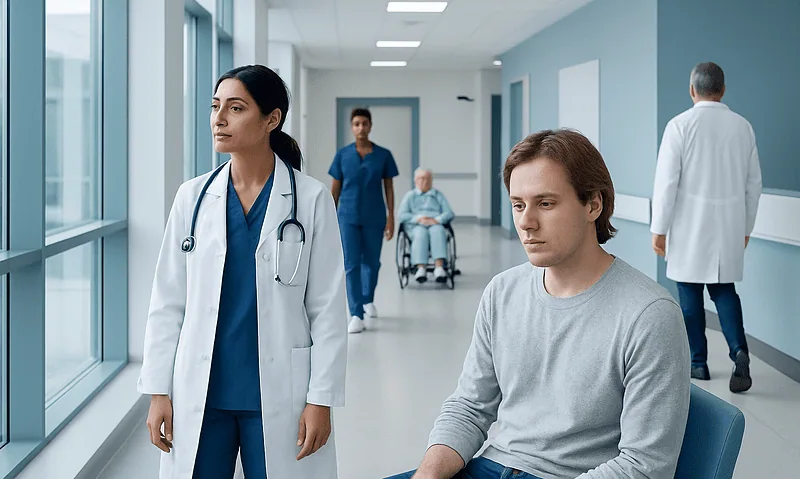 Medical professionals and patient in hospital corridor, healthcare setting.