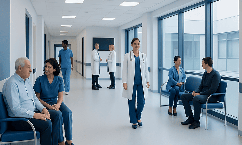 Hospital corridor with doctors and patients in a modern healthcare facility.