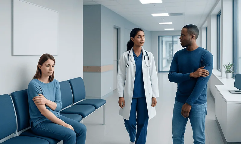 Patient experiencing injection site reaction in a hospital corridor.