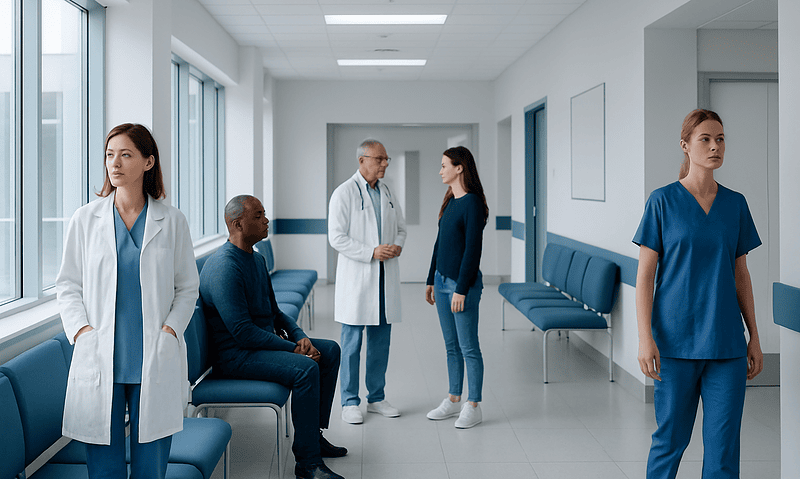 Medical professionals and patients in a hospital corridor at Acibadem Hospitals Group.