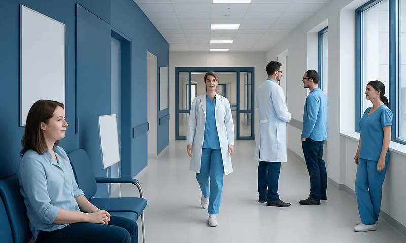 Healthcare professionals and patients in a hospital corridor at Acibadem Hospitals Group.