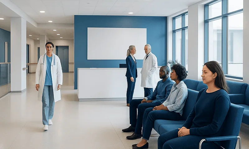 Hospital waiting area with patients and medical staff at Acibadem Hospitals Group.