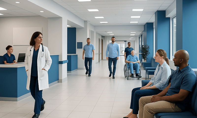 Hospital corridor with medical staff and patients waiting and walking.