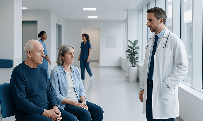 Doctor consulting elderly patients in a hospital corridor.