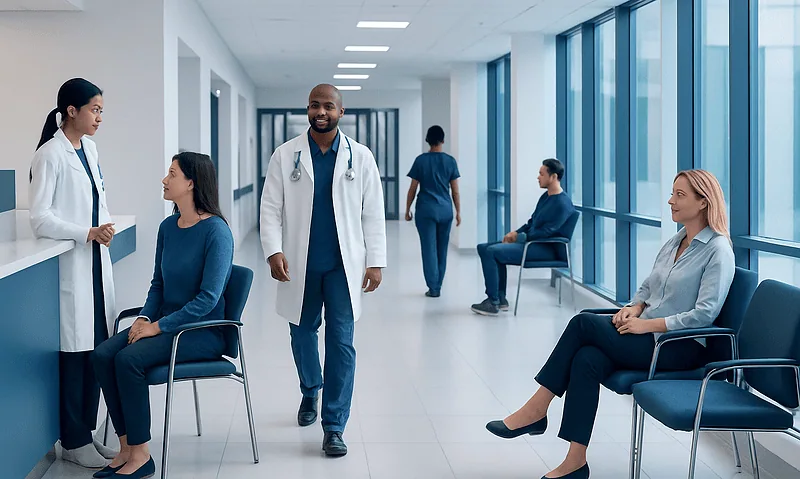 Medical professionals and patients in a modern hospital corridor.