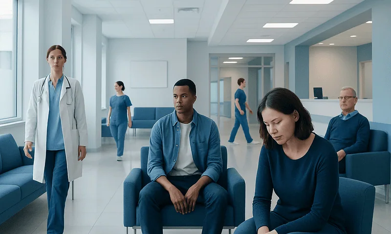 Patients waiting in a hospital lobby with medical staff present.