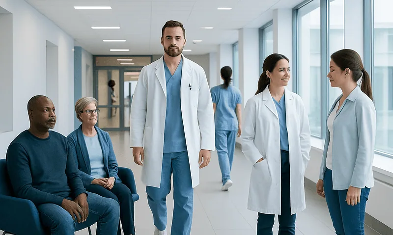 Medical team and patients in hospital corridor at Acibadem Hospitals Group.