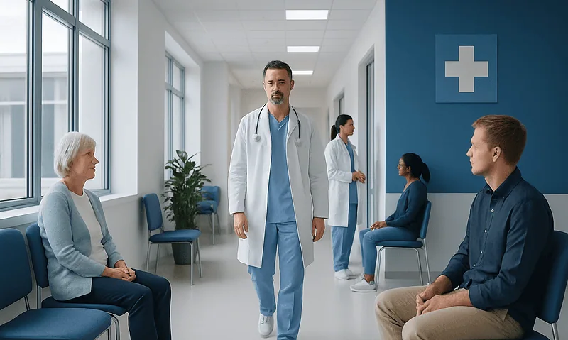 Doctor consulting with elderly patient in hospital corridor.