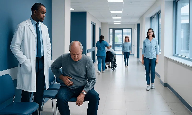 Patient experiencing abdominal pain in hospital corridor with medical staff nearby.