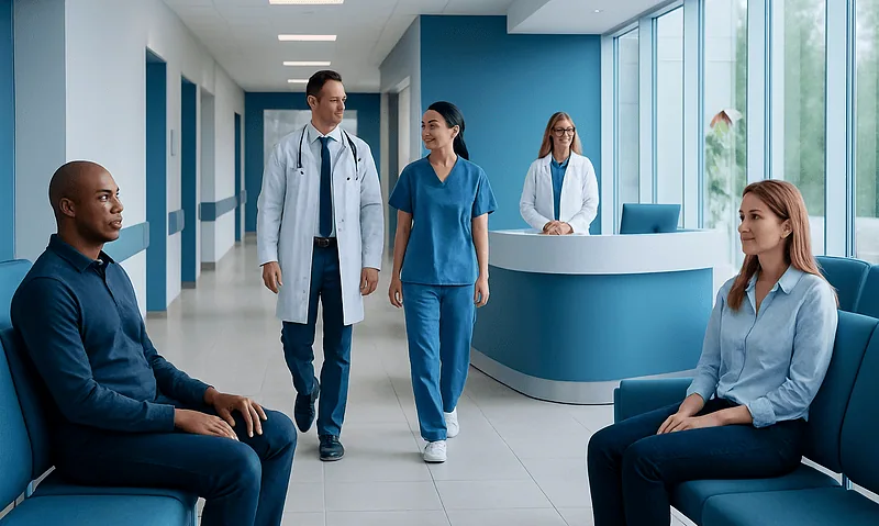 Medical team consulting in hospital corridor at Acibadem Hospitals Group.