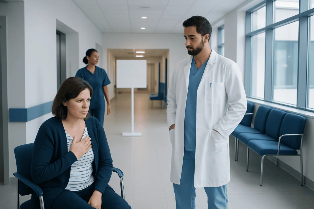 Bruised Sternum: A Complete Medical Overview 1 Doctor consulting a patient with chest discomfort in hospital corridor.