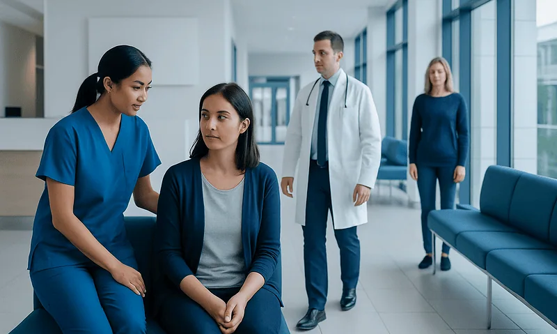 Healthcare professionals and patient in hospital corridor at Acibadem Hospitals Group.
