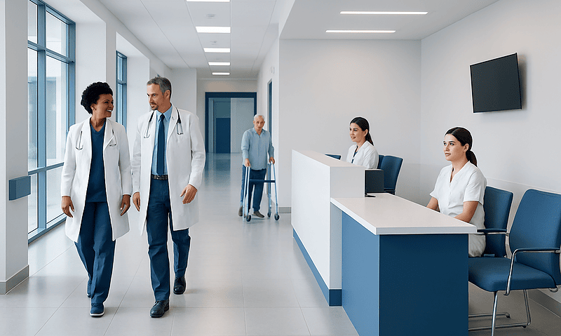 Doctors and nurses in a modern hospital corridor with reception desk.