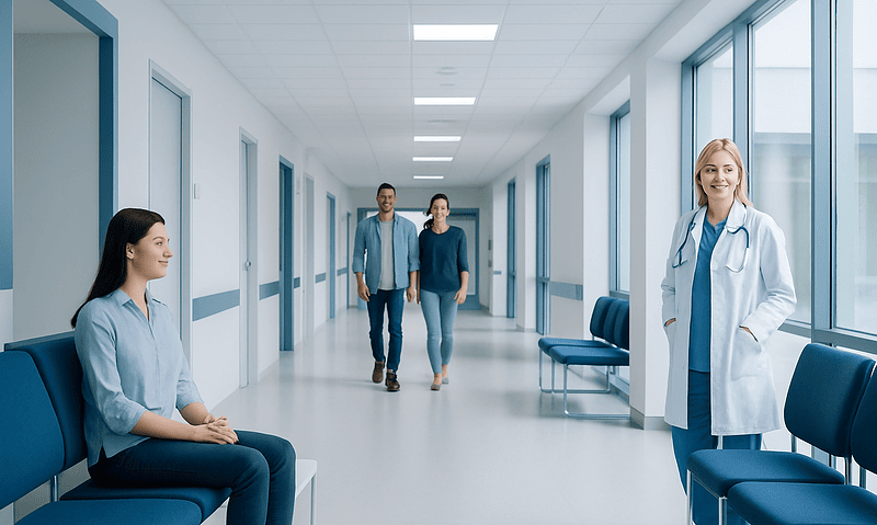 Healthcare professionals and patients in a modern hospital corridor.