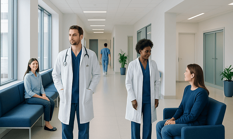 Medical professionals and patients in a modern hospital corridor.