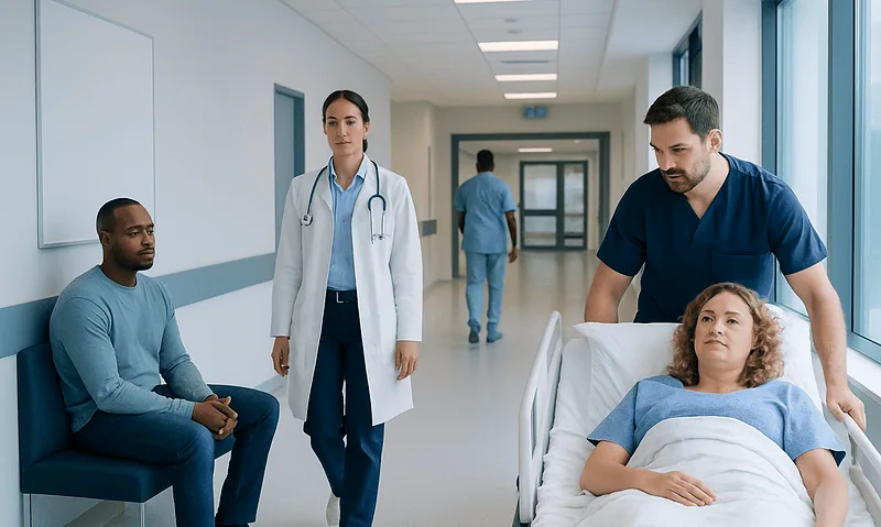 Hospital scene with medical staff attending to a patient in a hospital corridor.
