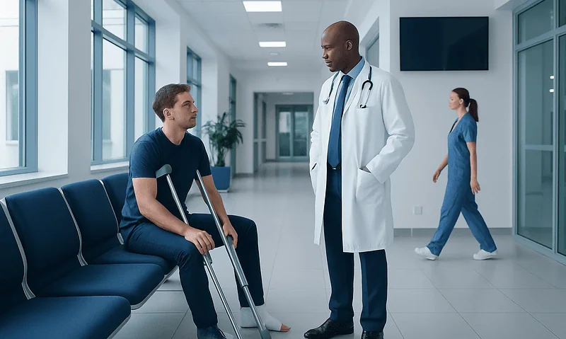 Doctor consulting with patient using crutches in hospital corridor.