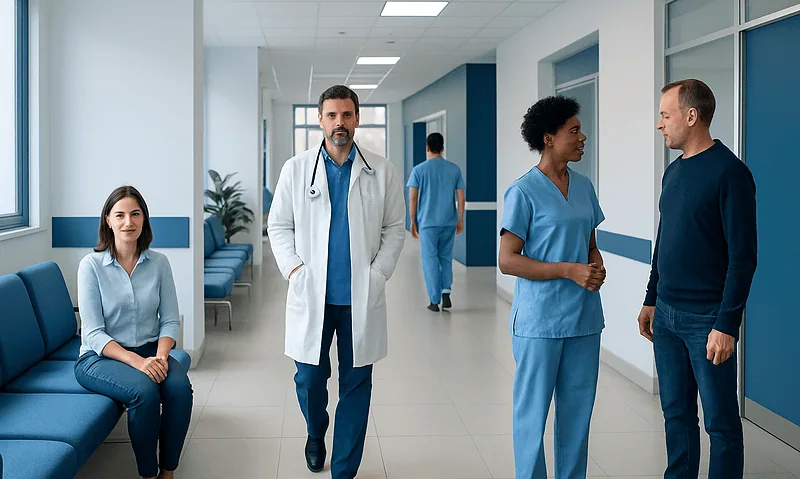 Medical professionals and patient in hospital corridor.