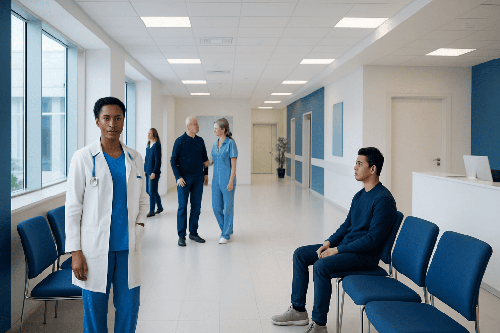Pigment Dispersion Syndrome: Diagnosis, Outlook, and Modern Treatment Approaches 1 Medical professionals and patient in a modern hospital corridor.