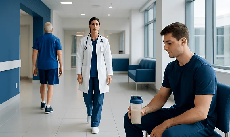 Healthcare professionals in a hospital corridor with a patient and a doctor.