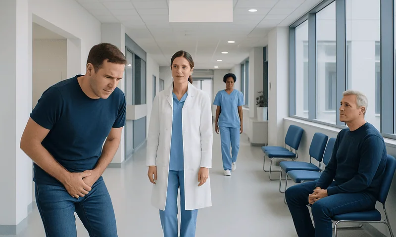 Patient experiencing testicular pain in hospital corridor with medical staff nearby.